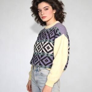80s Ombre Geometrical Clyde Knitwear Oversized Chunky Knit Crewneck Sweater M